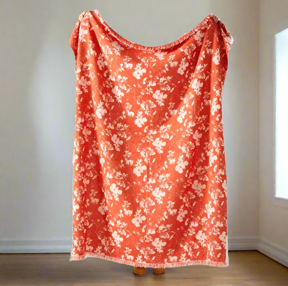 Anthropologie Orange Floral Chenille Throw Blanket Large Plush Fringe